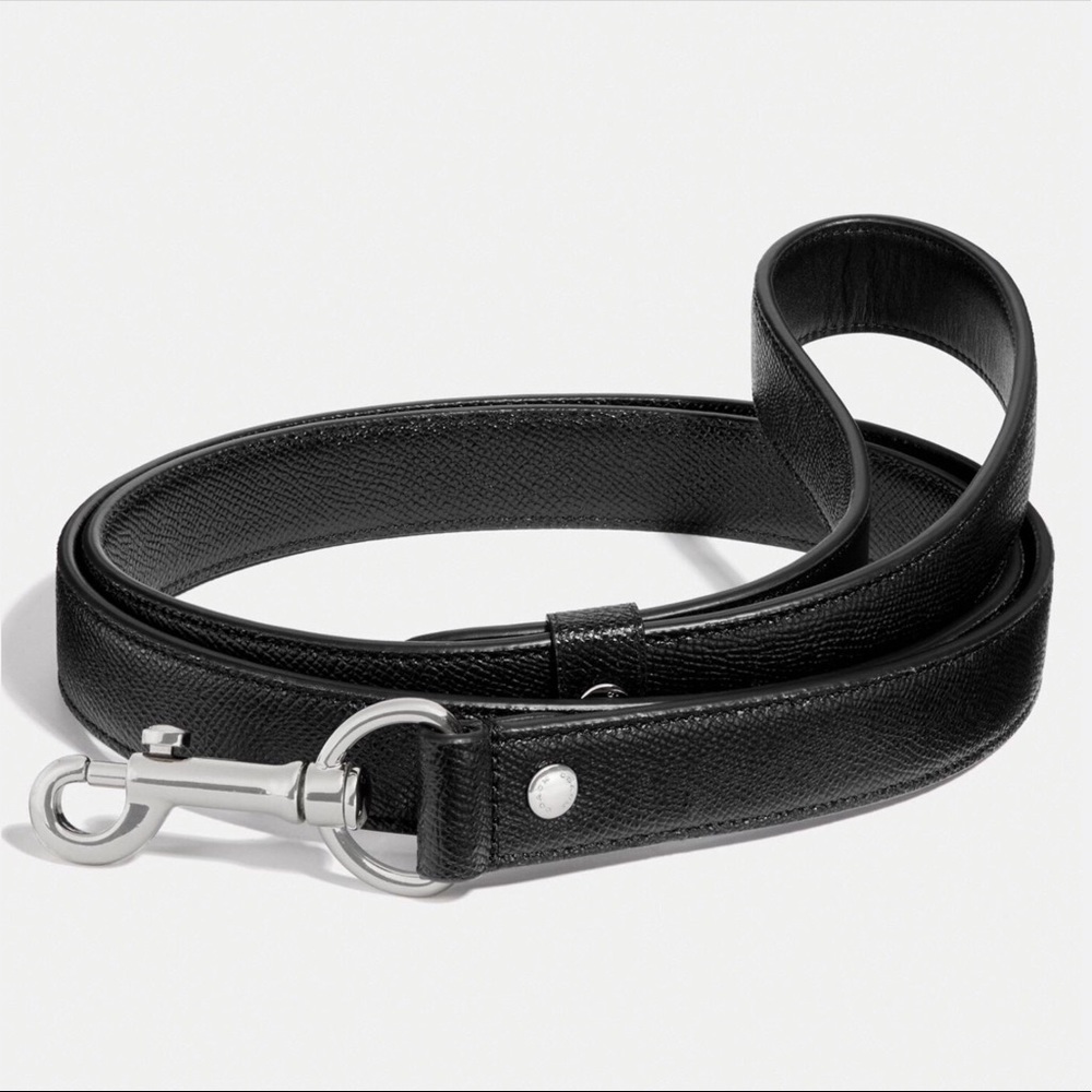 New COACH Black Leather Pet Dog Large LEASH Crossgrain with Silver Hardware